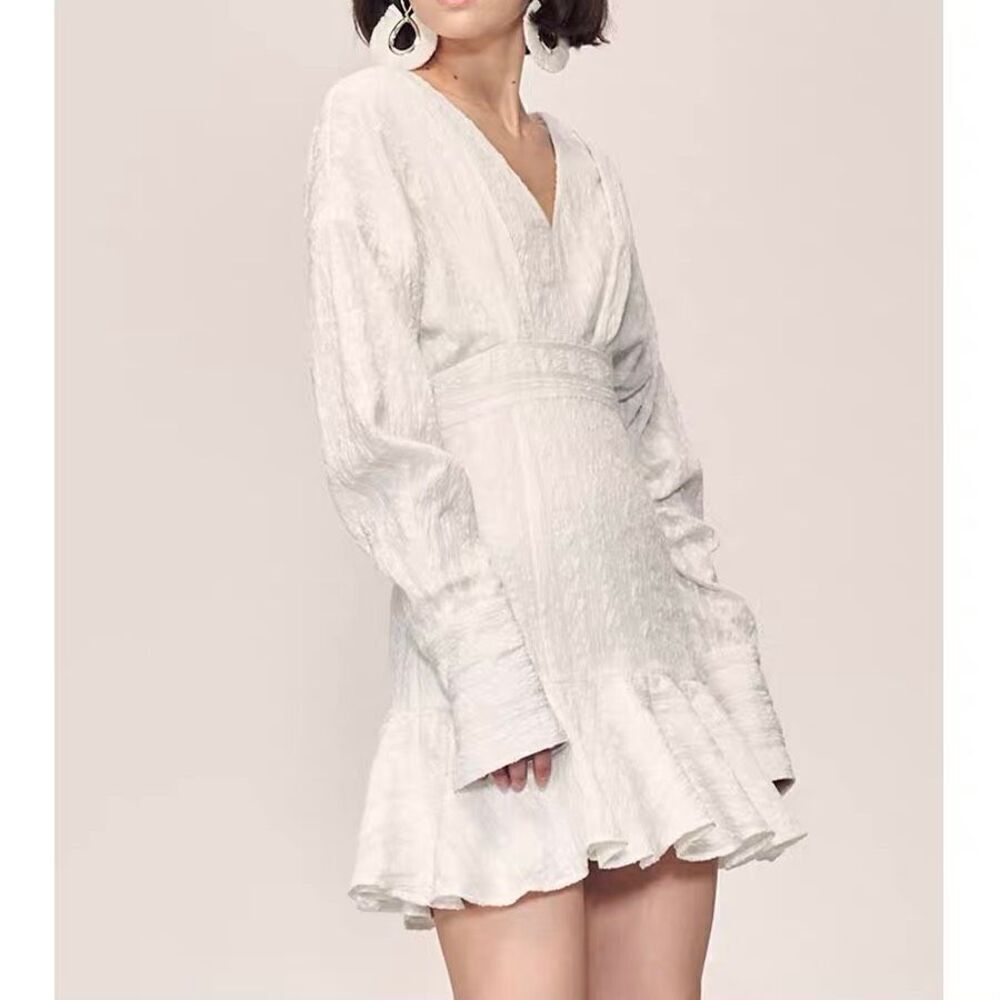 ISSUP Studios White Textured Dress Long Sleeve Flutter Skirt